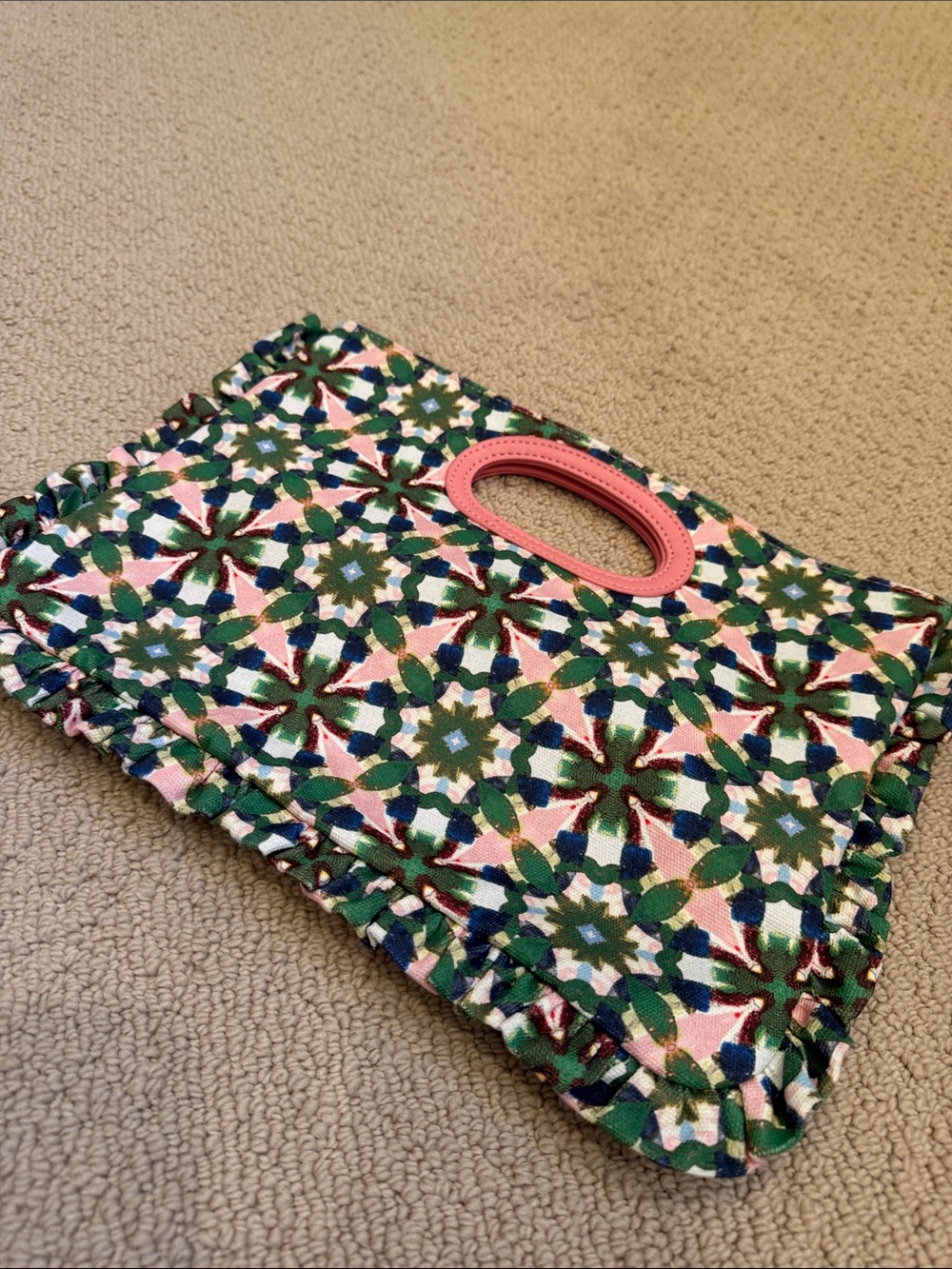 Pink & Green Patterned Ruffled Wristlet Clutch